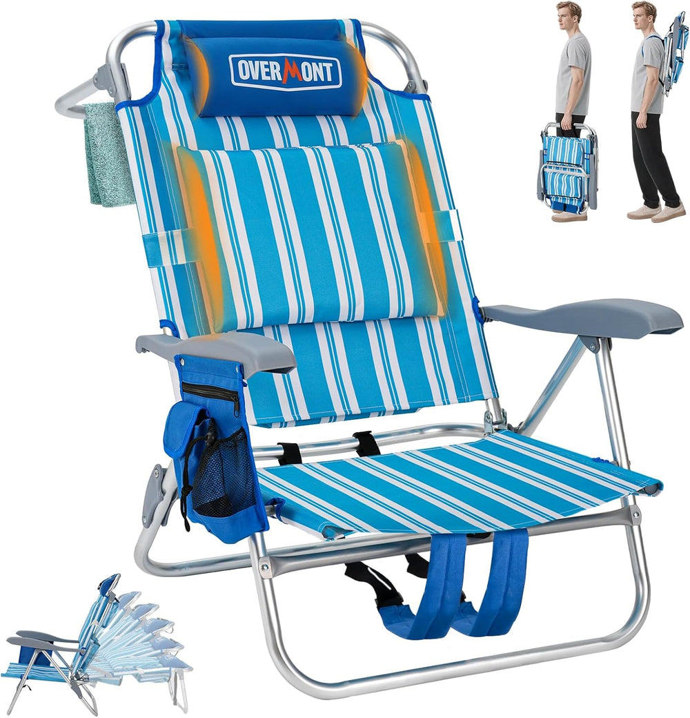 Overmont Low Beach Chair with Cooler Bag - 6-Positions Lay Flat with Ergonomi...
