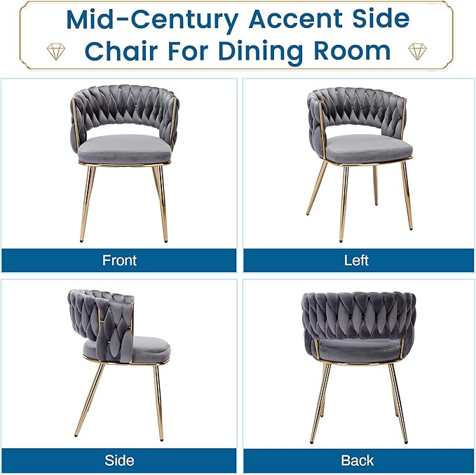 KCC Velvet Dining Chairs Set of 6, Gold Modern Dining Chair with Metal Legs, Woven Upholstered Dining Chairs for Dining Room, Kitchen, Vanity, Living Room (Gray)