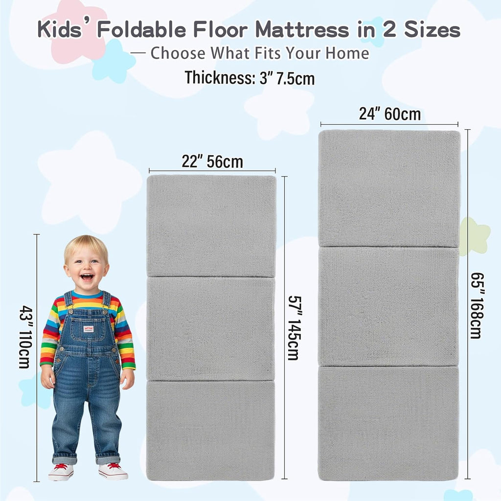 Tiita Foldable Floor Mattress for Kids -Daycare Sleeping Plush Futon or Floor Mat with Storage Bag, Toddler Floor Nap Mat, Portable Toddler Travel Mattress for Camping & Guest Use, Playroom, Grey