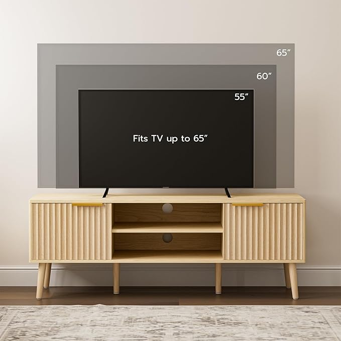 TV Stand for Living Room, Boho Entertainment Center for 55/60 inch TVs, Media Console with Fluted Door Cabinets and Open Shelves, for Bedroom, Oak