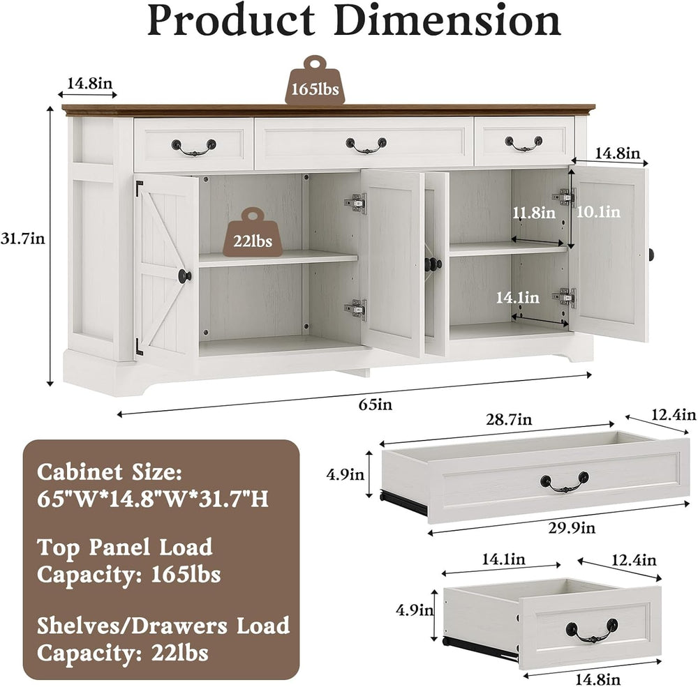 Sunny Heart 65" Large Buffet Storage Cabinet, Farmhouse Kitchen Sideboar...