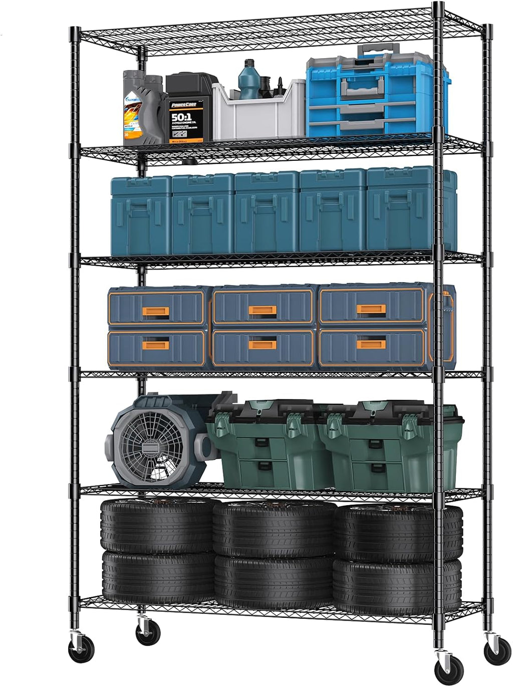 Himimi 82" H Storage Shelves 6 Tier Metal Shelving Adjustable Wire Shelf with Wheels, Heavy Duty Shelving for Garage Kitchen Pantry Bathroom Laundry,18" D*48" W*82" H, Black