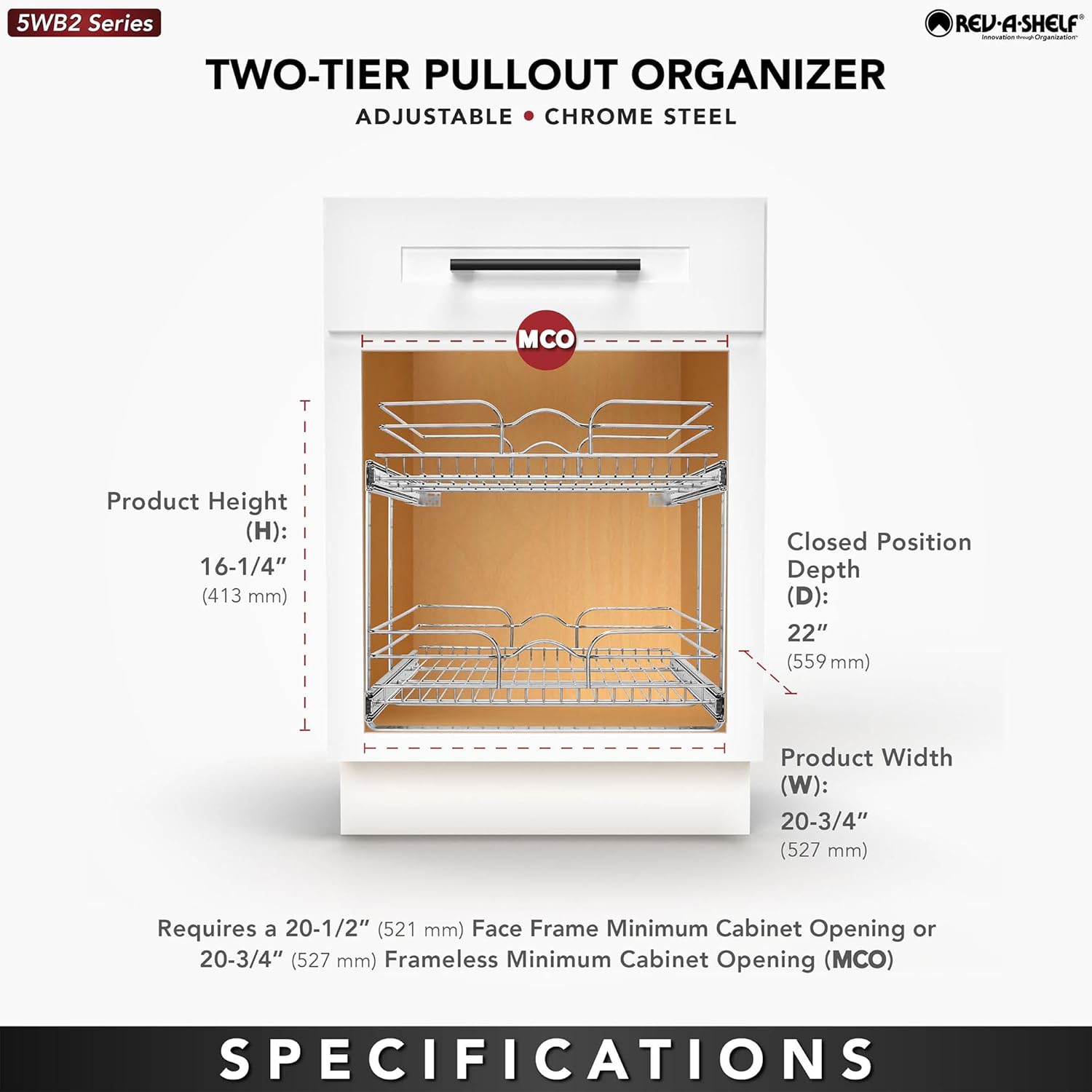 Rev-A-Shelf 2 Tier Kitchen Cabinet Pullout Shelf and Drawer Organizer Slide Out Pantry Storage Basket in Multiple Sizes, 21 x 22 In, 5WB2-2122CR-1