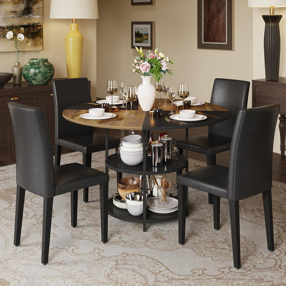 47 Inch Round Dining Table Set for 4，Kitchen Table and Chairs for 4 with Stor...