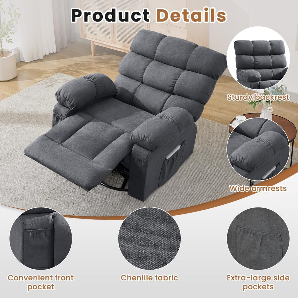 Swivel Rocker Recliner Chair for Adults, 360° Upholstered Manual Recliners for Small Spaces, Single Seat Glider Reclining Chair with Side Pockets, Ergonomic Reading Chair for Living Room, RV, Bedroom