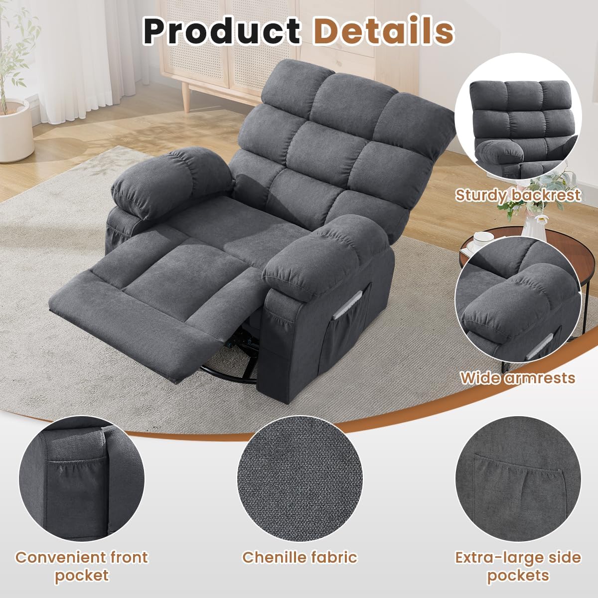 Swivel Rocker Recliner Chair for Adults, 360° Upholstered Manual Recliners for Small Spaces, Single Seat Glider Reclining Chair with Side Pockets, Ergonomic Reading Chair for Living Room, RV, Bedroom
