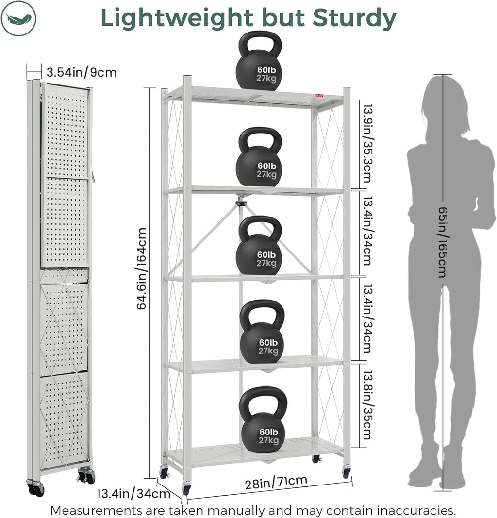 DEANIC 5 Tier Foldable Storage Shelves with Wheels, Large Capacity Shelving Unit, Freestanding Metal Wire Shelf Rack, No Assembly Organizer Rack for Garage Kitchen, Basement, Pantry(Grey Pack of 2)