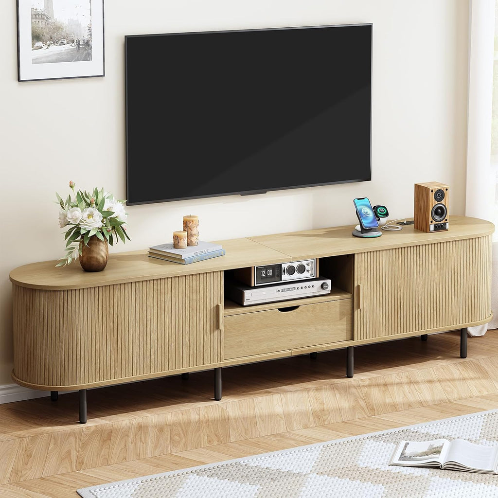 86.6" TV Stand with Power Outlet for TVs up to 90", Entertainment Center with Storage and Drawer, TV Console with Adjustable Shelves and Sliding Door, TV Stand for Living Room, Bedroom, Oak