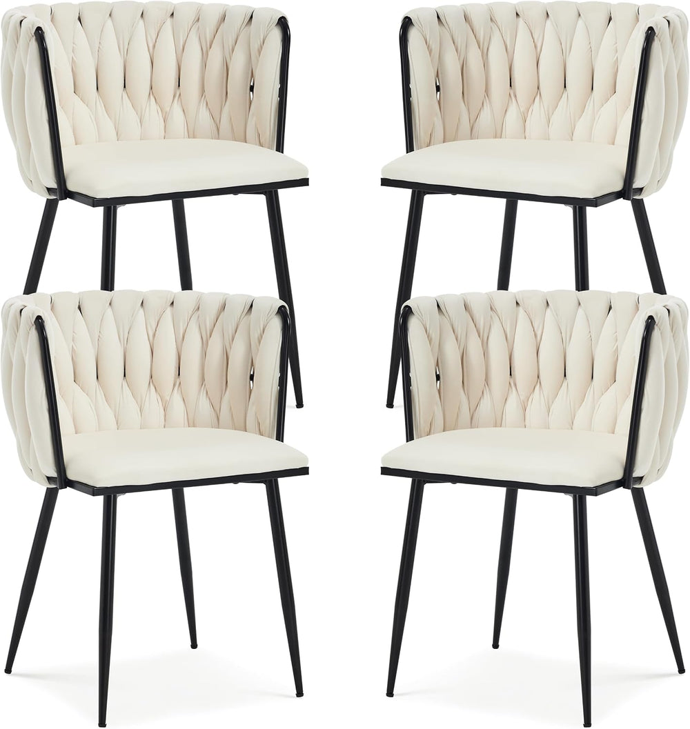 Velvet Dining Chairs Set of 4 with Black Metal Legs,White | Modern Accent Cha...
