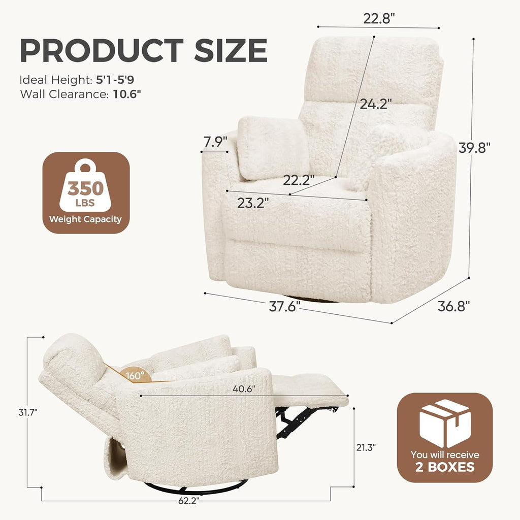 Power Swivel Rocker Recliner, Large Nursery Glider, USB A&C, Beige | Fluffy Plush Nursery Chair w/ 2 Pillows, USB and Type-C Ports, Night Light,for Living Room,Bedroom,Nursery