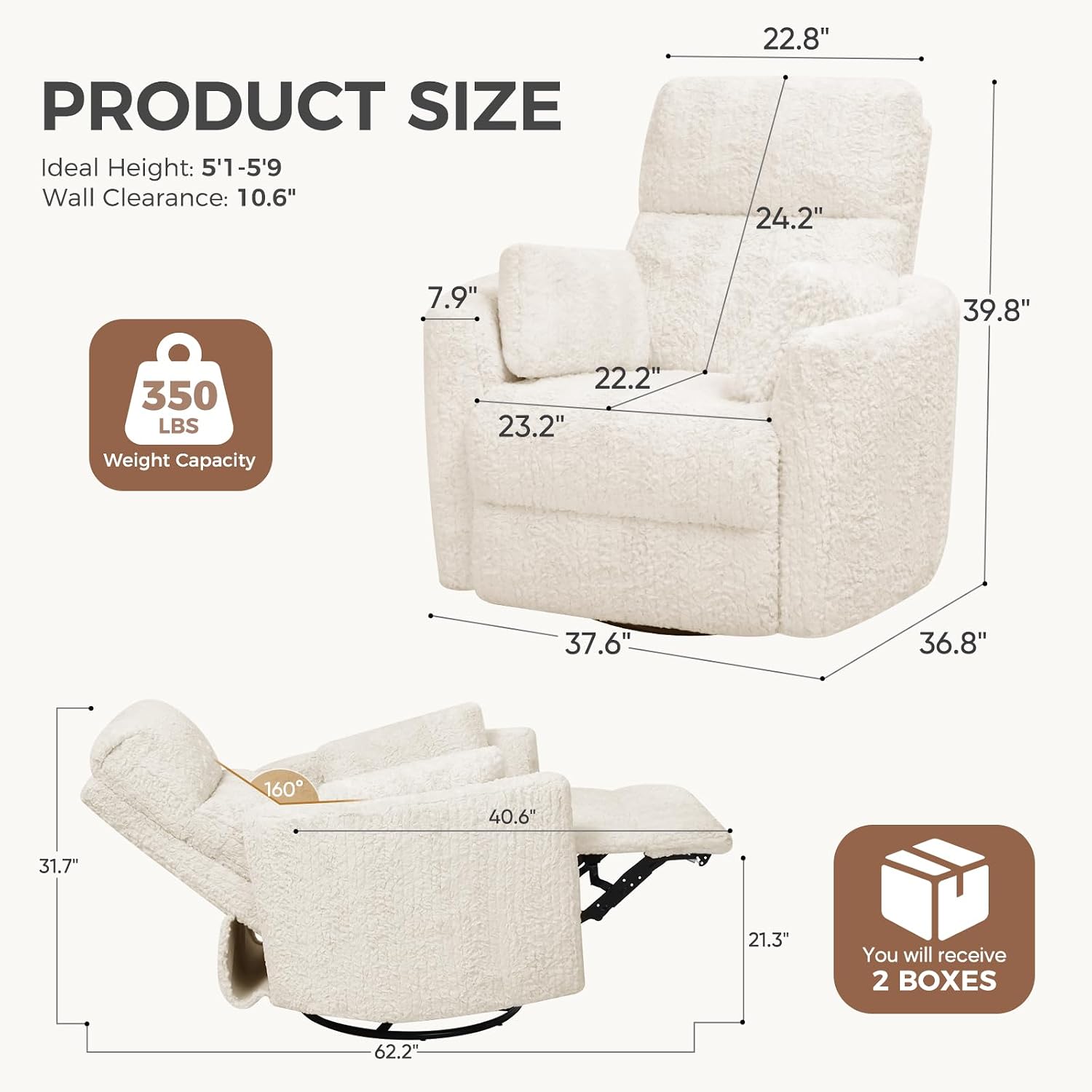 Power Swivel Rocker Recliner, Large Nursery Glider, USB A&C, Beige | Fluffy Plush Nursery Chair w/ 2 Pillows, USB and Type-C Ports, Night Light,for Living Room,Bedroom,Nursery