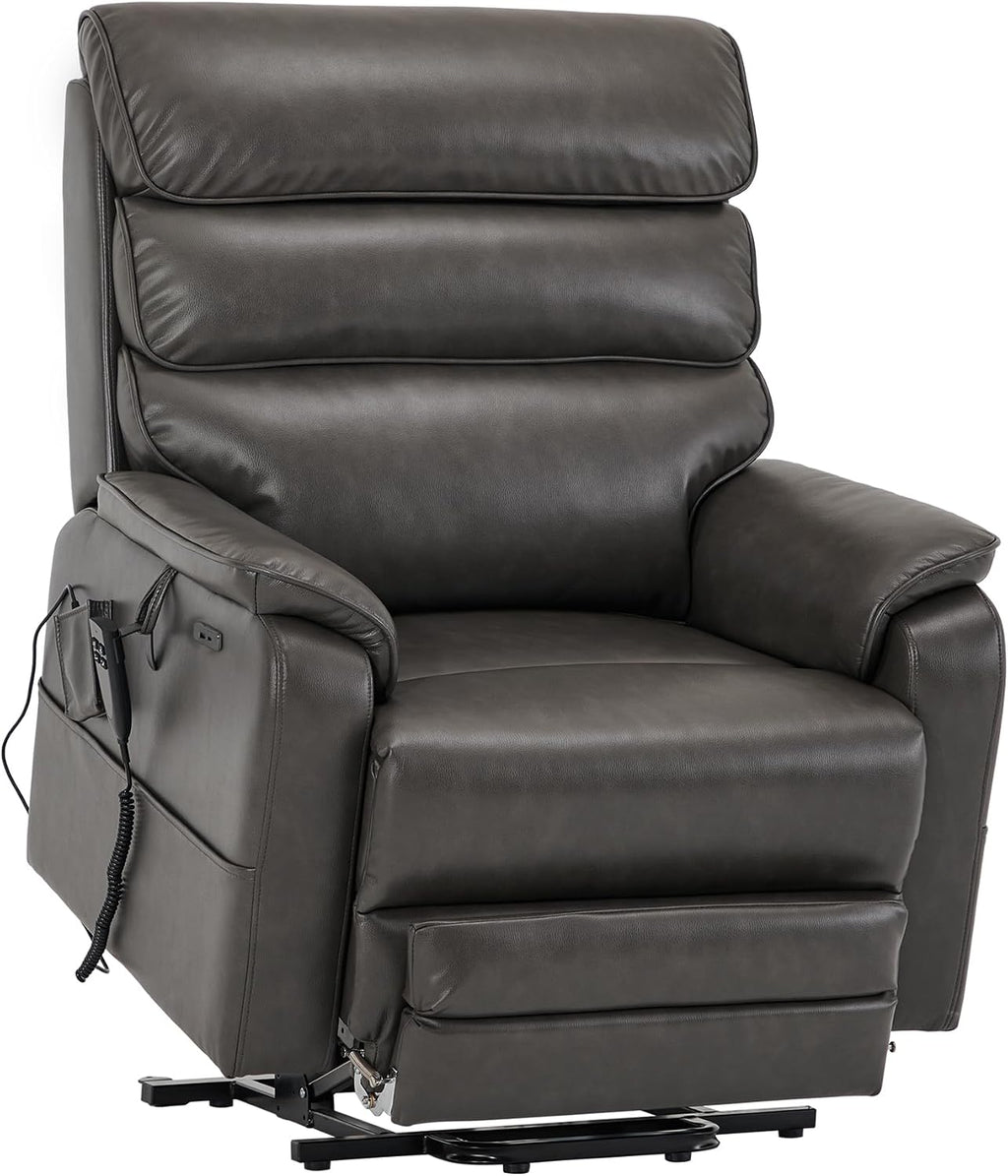 DYNOX 400 lbs Big and Tall Seniors Extended Footrest Power Lift Recliner Chair, Dual Motor, Extra-Wide Seat, Lay Flat, Heat & Massage, USB-C, Faux Leather Grey, 9298L