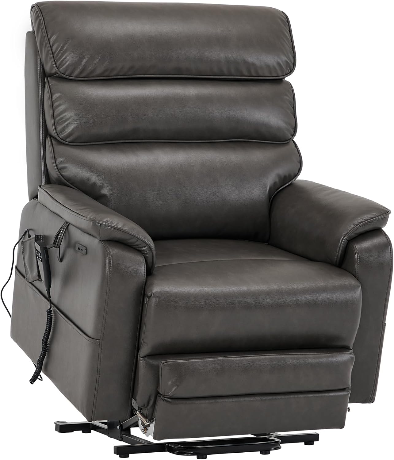 DYNOX 400 lbs Big and Tall Seniors Extended Footrest Power Lift Recliner Chair, Dual Motor, Extra-Wide Seat, Lay Flat, Heat & Massage, USB-C, Faux Leather Grey, 9298L