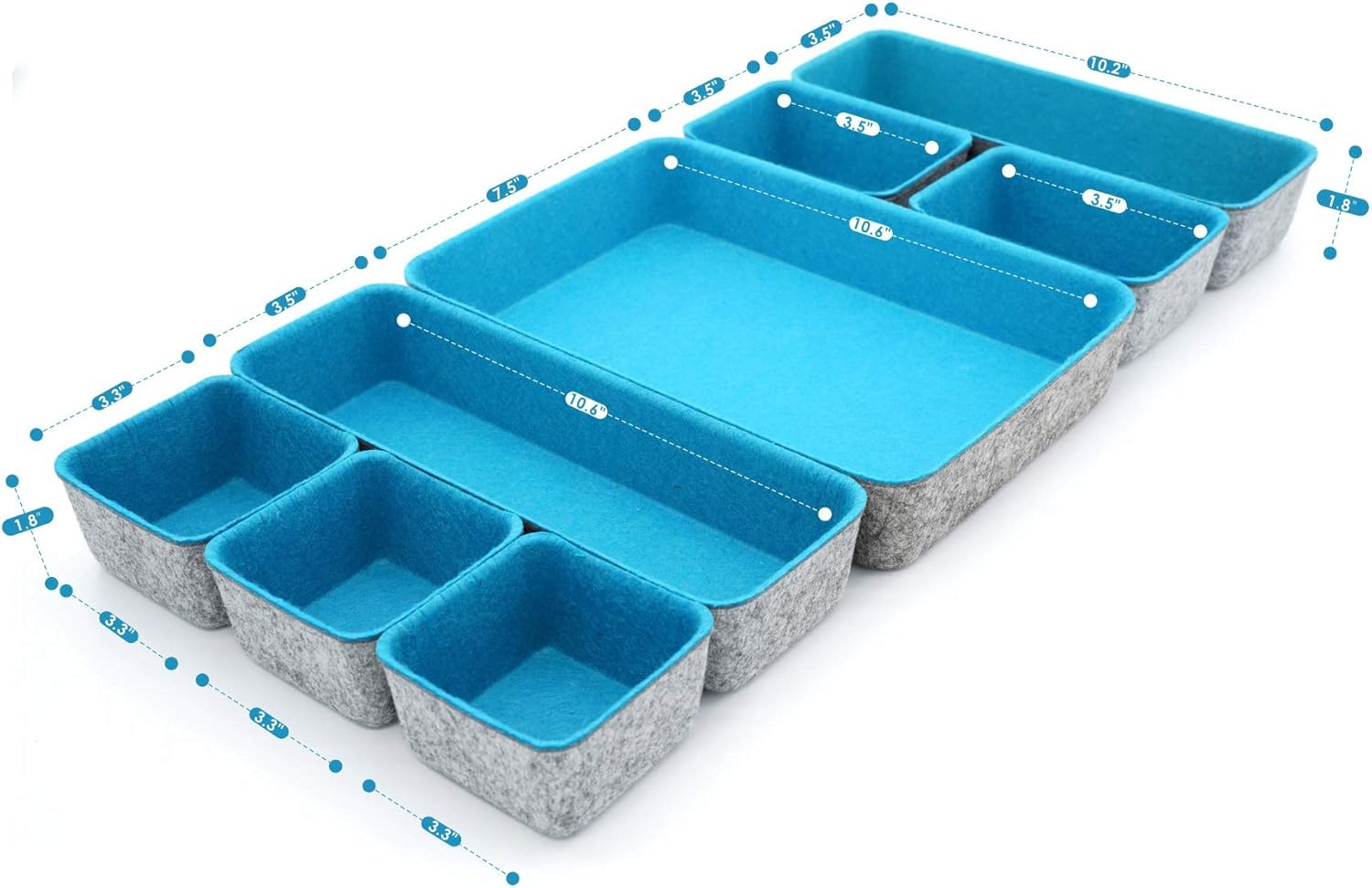 Welaxy desk drawer organizer tray felt storage bin for home office entryway catchall key holder makeup crafts pens decluttering 8-piece gift Solution (Turquoise)