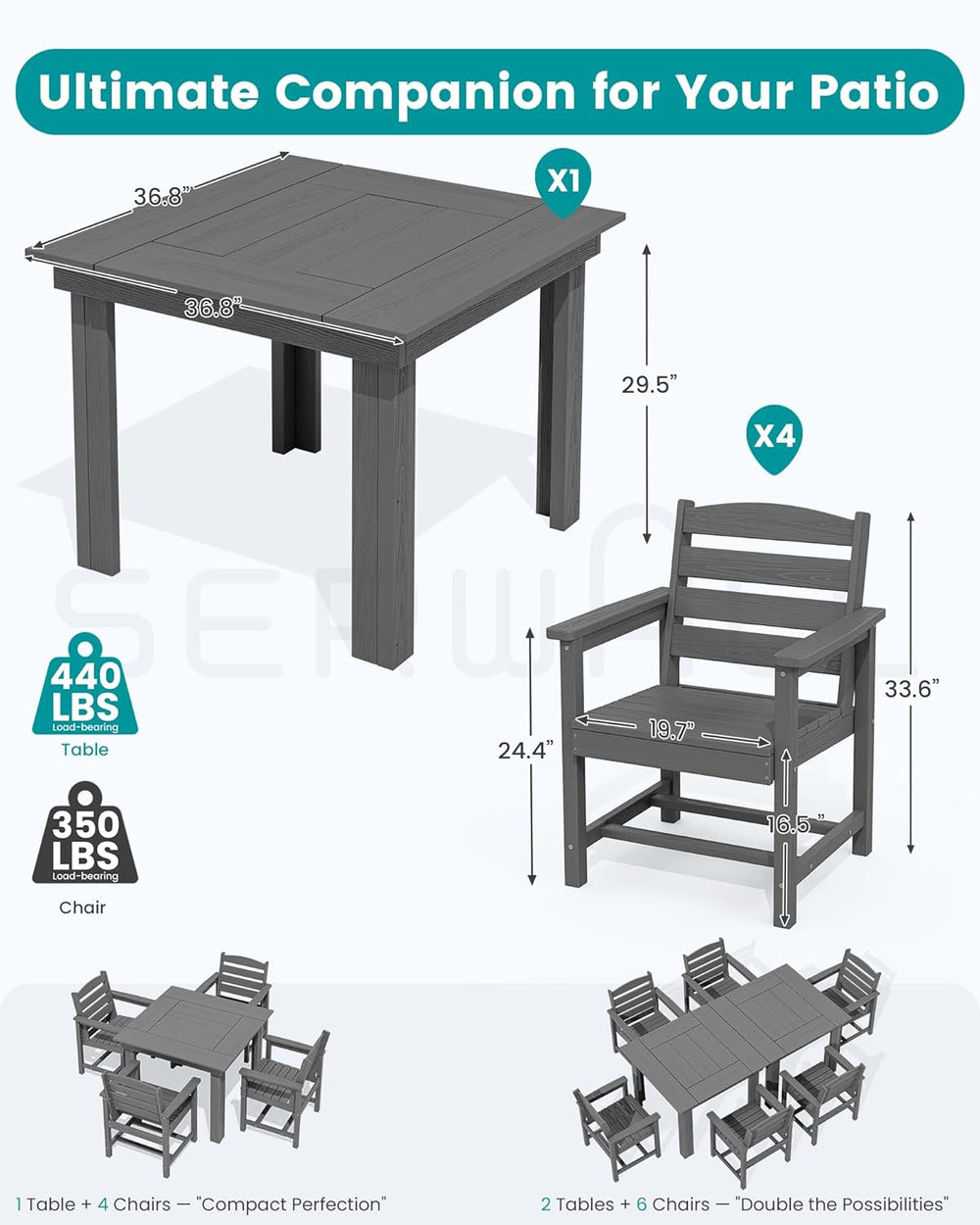 SERWALL HDPE Outdoor Square Dining Set for 4