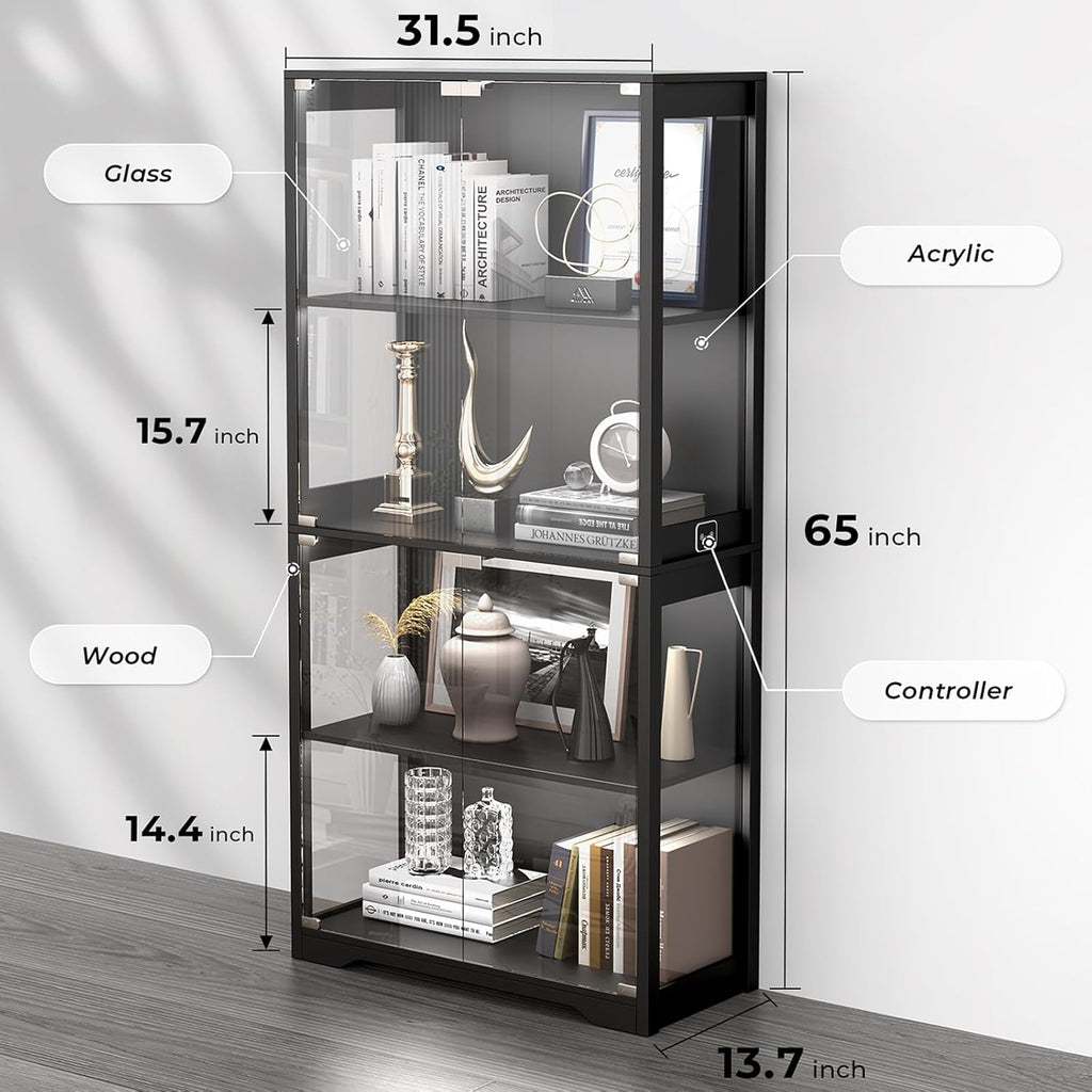 Display Cabinet with Glass Doors, 4-Tier Curio Cabinet with 3 Color Lights for Collectibles, Glass Display Case with Human Body Sensor, Bookcase with 4 Shelves, Storage Cabinets, Black