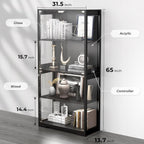 Display Cabinet with Glass Doors, 4-Tier Curio Cabinet with 3 Color Lights for Collectibles, Glass Display Case with Human Body Sensor, Bookcase with 4 Shelves, Storage Cabinets, Black