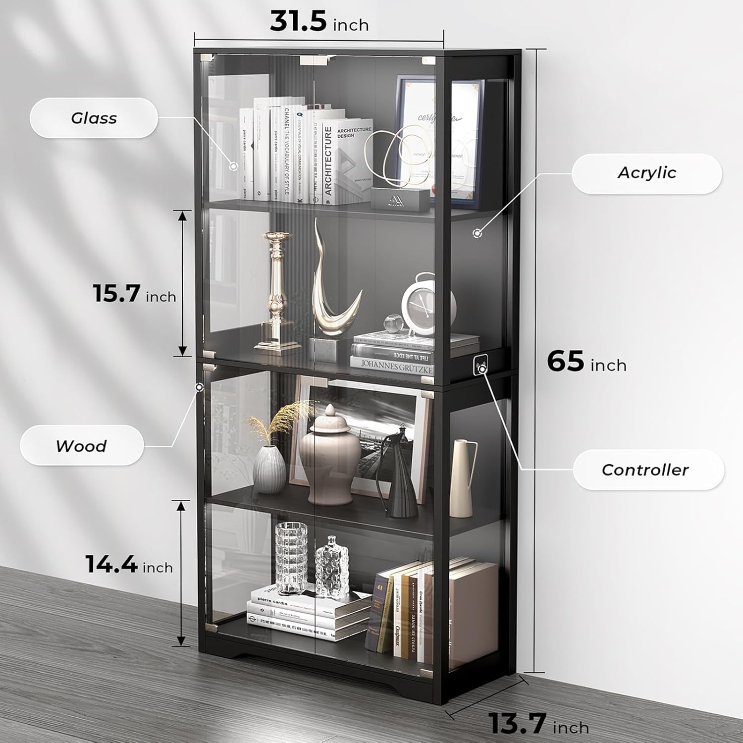 Display Cabinet with Glass Doors, 4-Tier Curio Cabinet with 3 Color Lights for Collectibles, Glass Display Case with Human Body Sensor, Bookcase with 4 Shelves, Storage Cabinets, Black