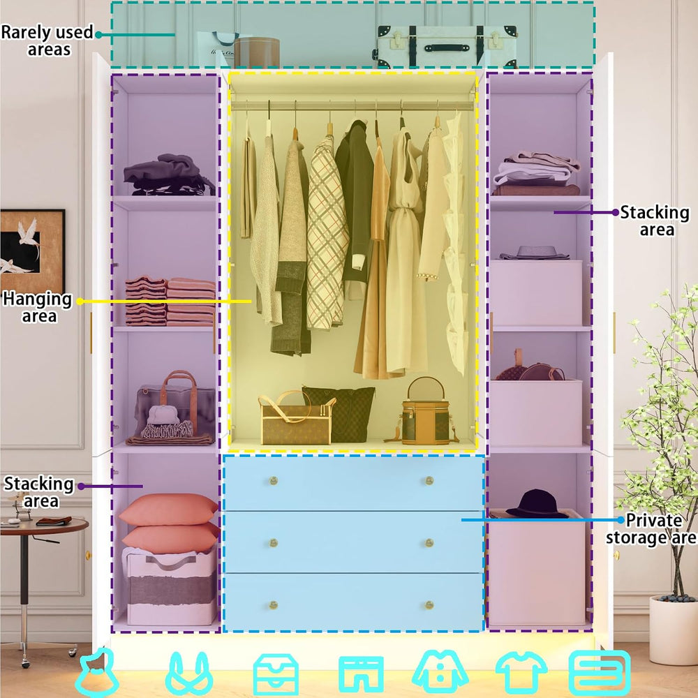 4 Doors LED Armoire Wardrobe Closet with Mirror, 75" Tall Modern Wooden ...