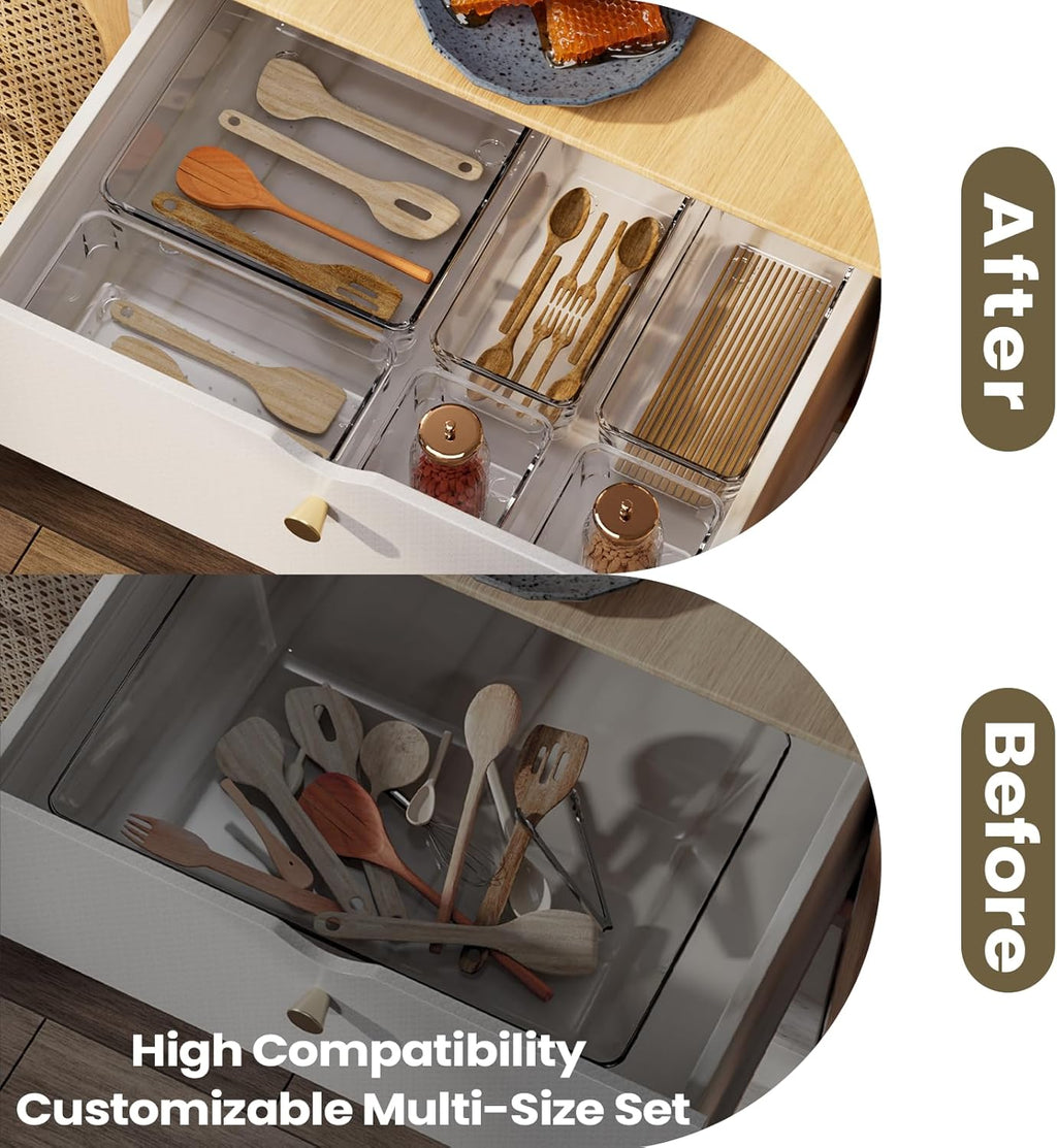 33 PCS Clear Plastic Drawer Organizer Set, 4 Sizes Acrylic Drawer Storage Trays Non Slip Storage Bins for Makeup, Jewelry, Gadgets for Kitchen, Bedroom, Bathroom, Office