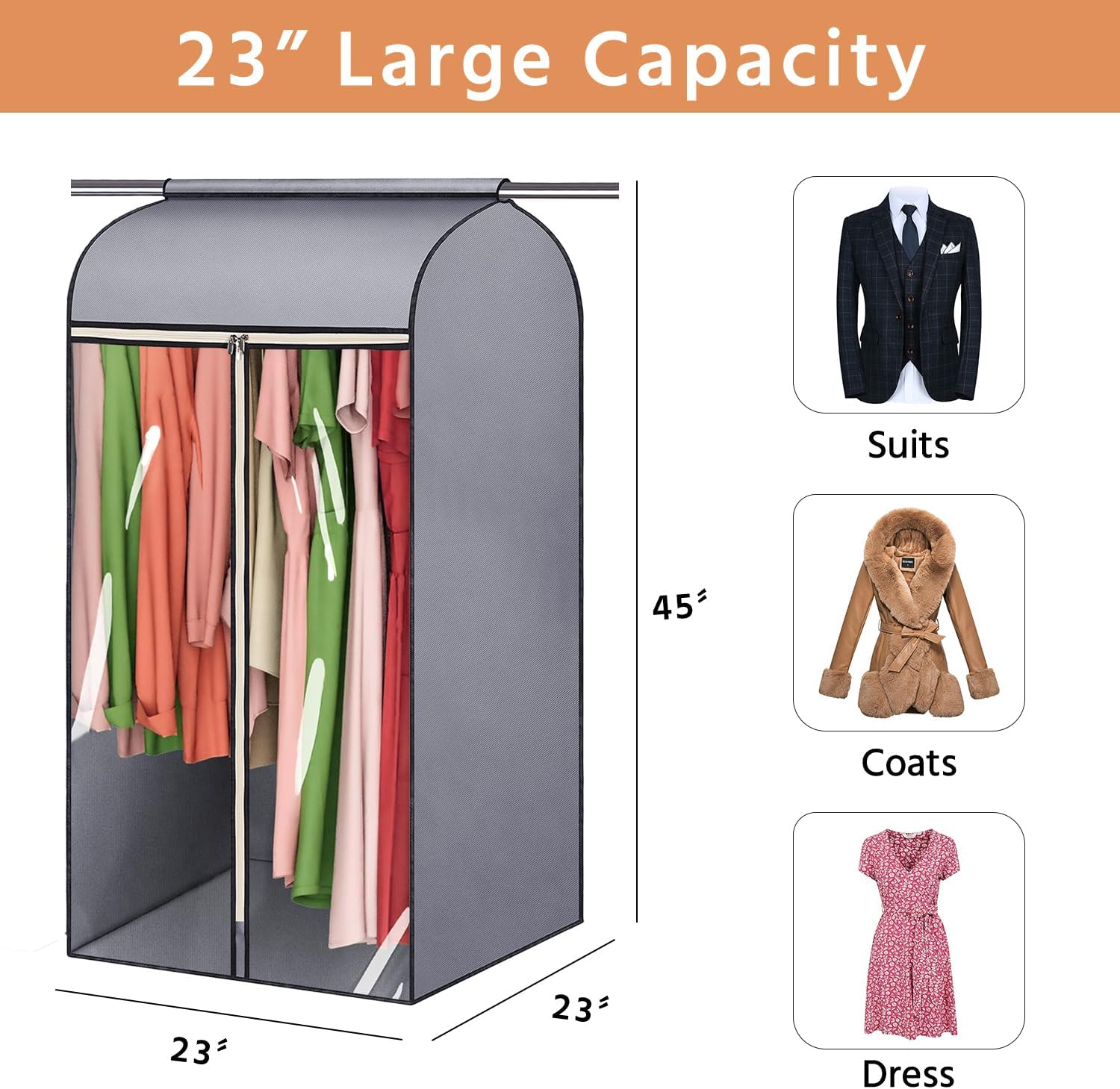 45'' Hanging Garment Bags for Closet Storage Sealed Completely Jackets Coats Suits Clothes Rack Cover for Wardrobe with Clear PVC Window and 3 Zippers Opening
