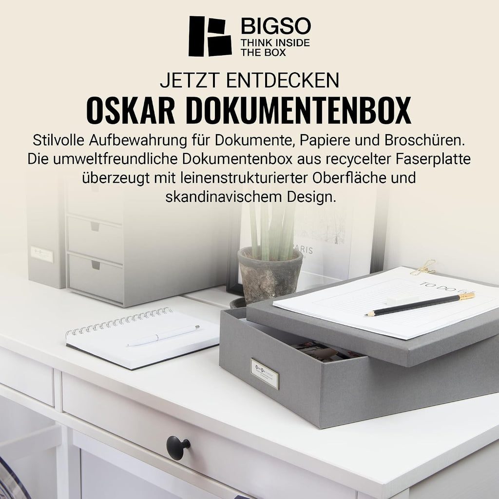 Bigso Box of Sweden Document Box for A4 paper, Brochures and Notes - Box with Lid and Handle - Fibreboard and Paper Box Storage with Lid - Grey