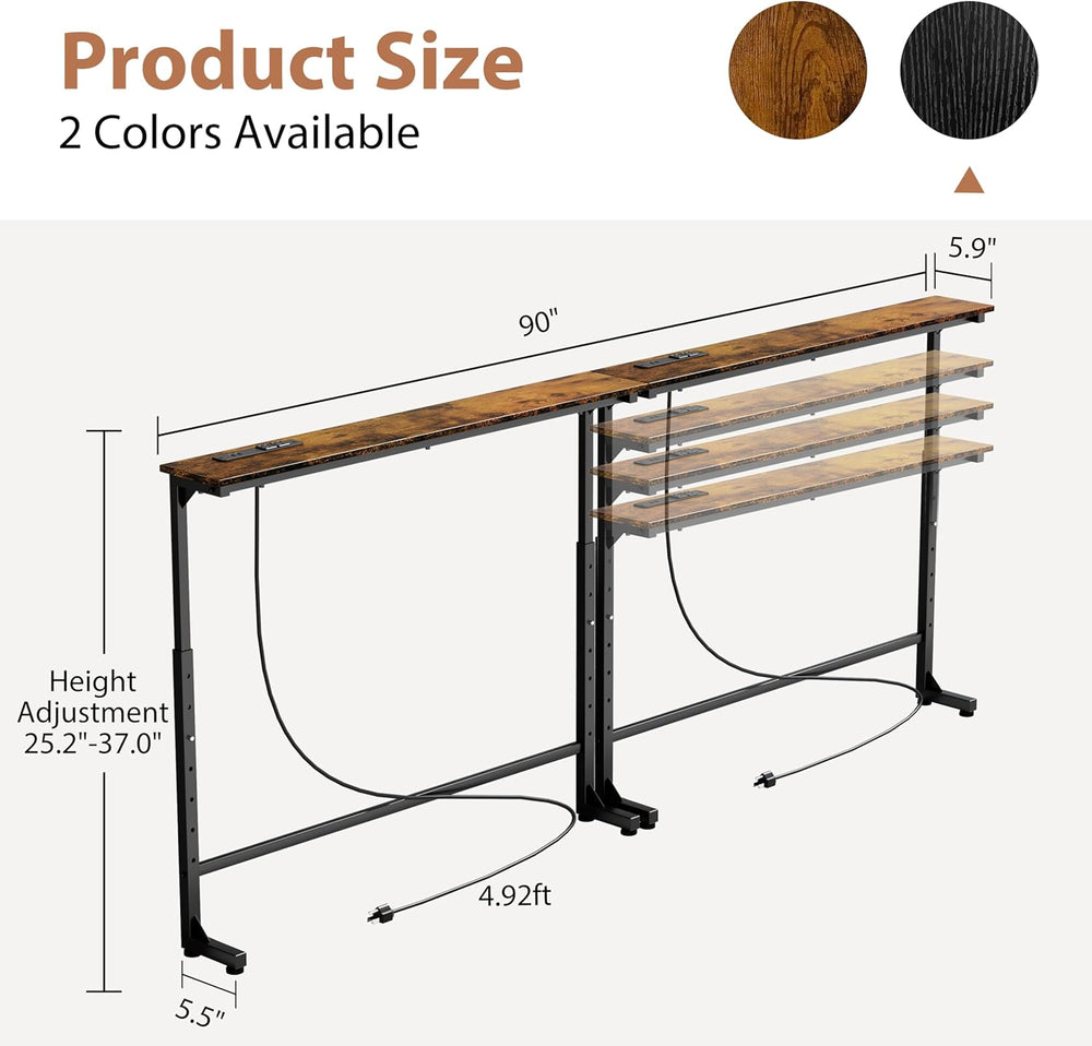 GRLEAF 2 Pack Adjustable Height Narrow Console Table with Power Outlets, 90&q...