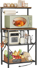 Huuger 4-Tier Bakers Rack with Reversible Power Outlet, 23.6 Inch Microwave Stand, Kitchen Coffee Bar, with Top Shelf, 6 S Hooks, Rustic Brown
