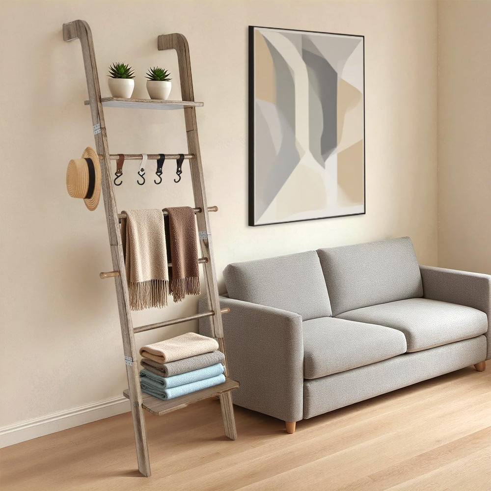 Wooden Ladder with Shelf for Room Decor, 6-Tier Decor Ladder with Non-Slip Ma...