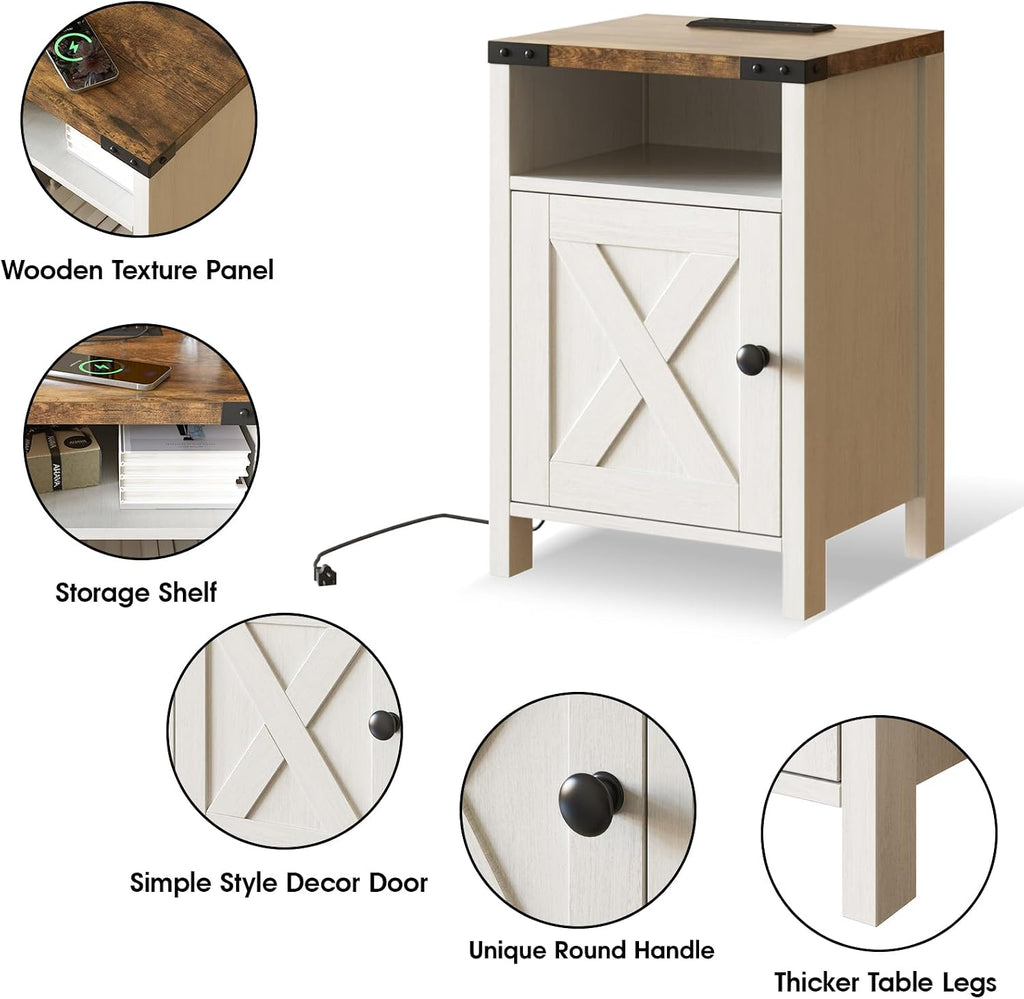 Fameill Farmhouse End Tables with Charging Station, Modern White | Nightstand with Barn Door and Shelf, Rustic Living Room Bedroom Side Table