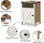 Fameill Farmhouse End Tables with Charging Station, Modern White | Nightstand with Barn Door and Shelf, Rustic Living Room Bedroom Side Table