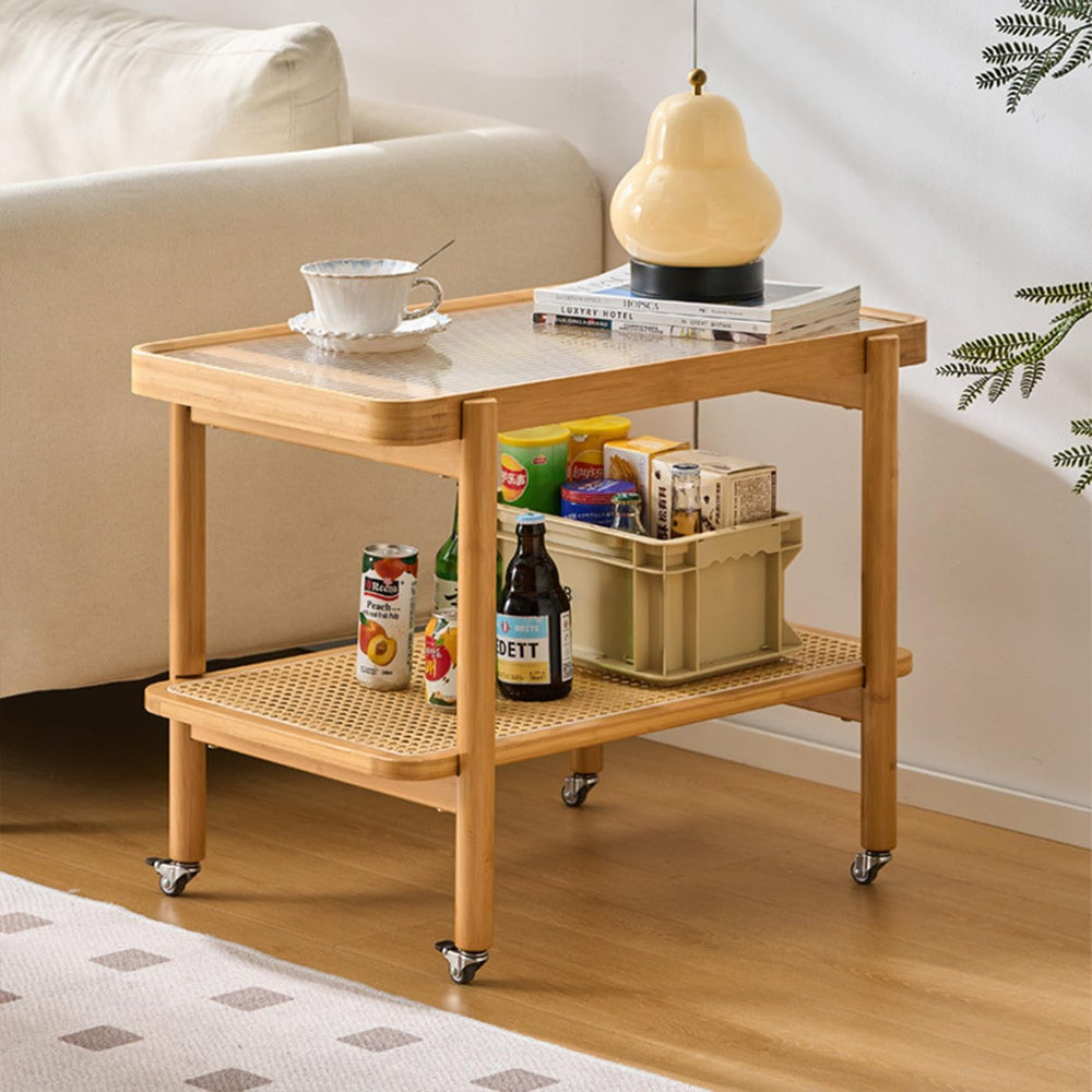 Bamboo Rattan End Table with Wheels, 2 Tier Modern Coffee Table Couch Side Ta...