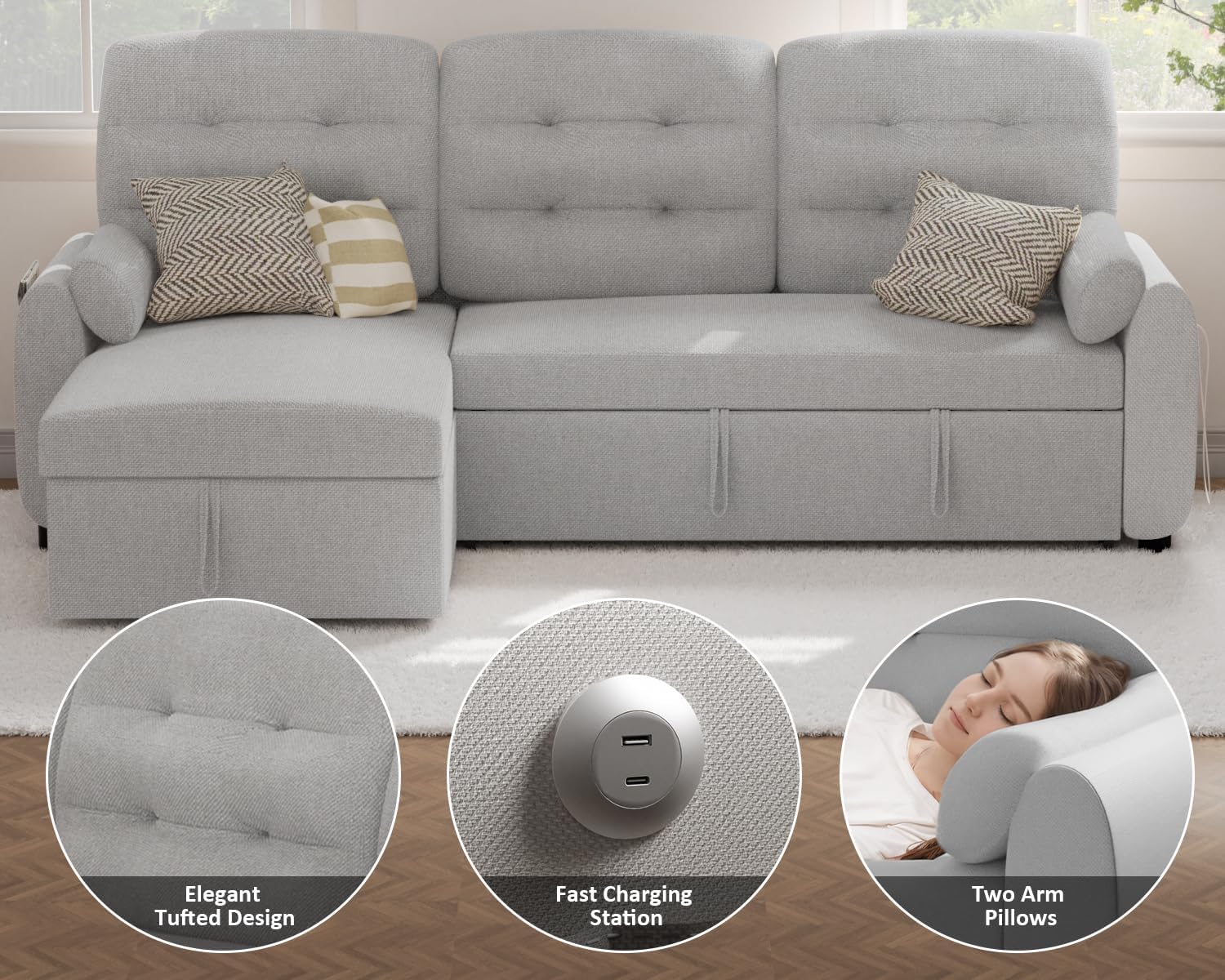 86" Sleeper Sofa Bed, Pull Out Couch Bed with Reversible Storage Chaise, Sectional Couches for Living Room with Side Pocket | Charging Station | Removable Backrest | Prime Linen, Light FGrey