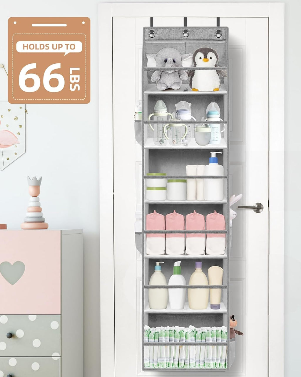 STORAGE MANIAC Over the Door Organizer 6-Shelf Closet Hanging Storage with 14 Mesh Pockets, 66lbs Capacity Clear Deep Pockets Behind Door Storage for Nursery, Bathroom, Bedroom, 1 Pack Grey
