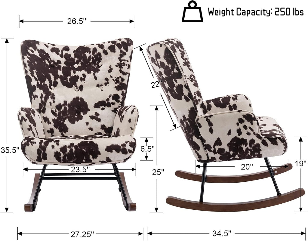 Shunzhi Modern Nursery Rocking Chair with Armrest, Upholstered Lazy Chair Tufted Side Chair Padded Reading Chair Comfy Club Chair Accent Chair for Living Room Bedroom Office Small Spaces, Cow
