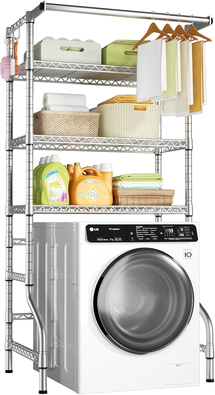 Ulif U11 Over Washer and Dryer Shelves, 3 Tiers Laundry Room Storage and Organizer Standing Shelf, Metal Freestanding Clothes Drying Rack, 33.9" W x 19.7" D x 77.6" H, Chrome