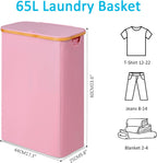 efluky Slim Laundry Basket with Lid, Narrow Laundry Hamper with Removable Bag, Skinny Dirty Clothes Basket with Bamboo Handles for Bathroom, Bedroom & Laundry Room, 65L Pink