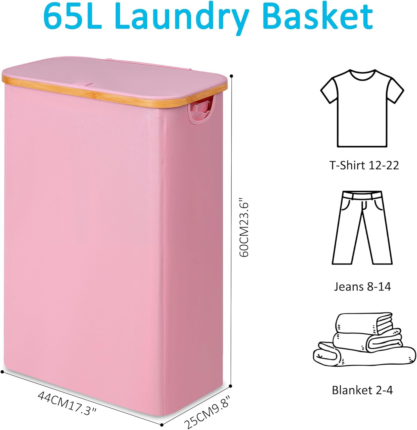 efluky Slim Laundry Basket with Lid, Narrow Laundry Hamper with Removable Bag, Skinny Dirty Clothes Basket with Bamboo Handles for Bathroom, Bedroom & Laundry Room, 65L Pink