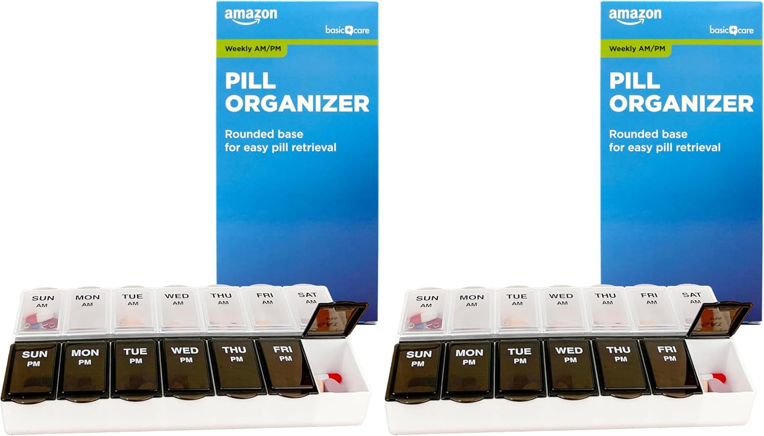 Amazon Basic Care 7-Day AM/PM Pill Organizer | Large Compartments | 2 Times Daily | Black and Clear Lids | Pack of 2