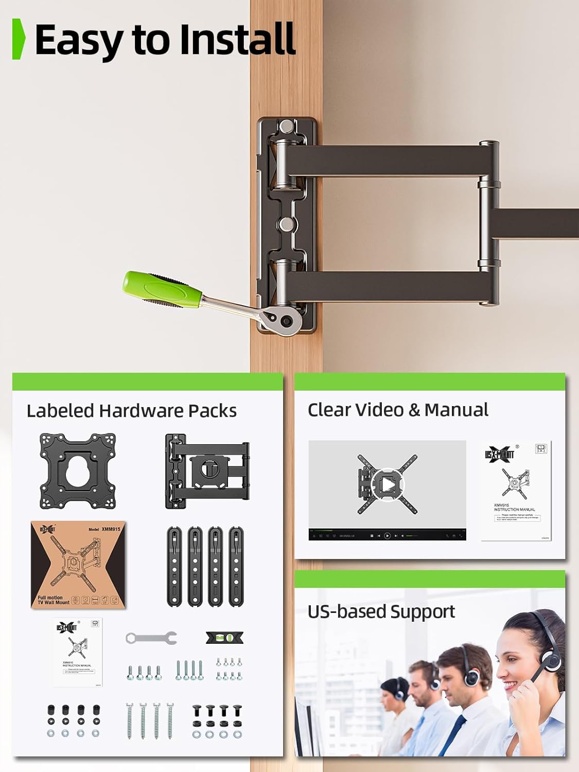 USX Mount TV Wall Mount for Most 26-60 Inch TVs up to 77 lbs, Full Motion Wall Mount TV Bracket with Swivel Tilt Single Stud Design for Corner, Max VESA 400x400mm fit Most 32 40 42 43 50 55 60 TVs