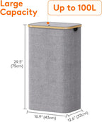 Lifewit 100L Laundry Basket with Lid, Clothes Hampers for Laundry with Bamboo Handles and A Removable Laundry Bag, Large Foldable Hamper for Bedroom, Bathroom, Dorm, Laundry Room, Light Gray