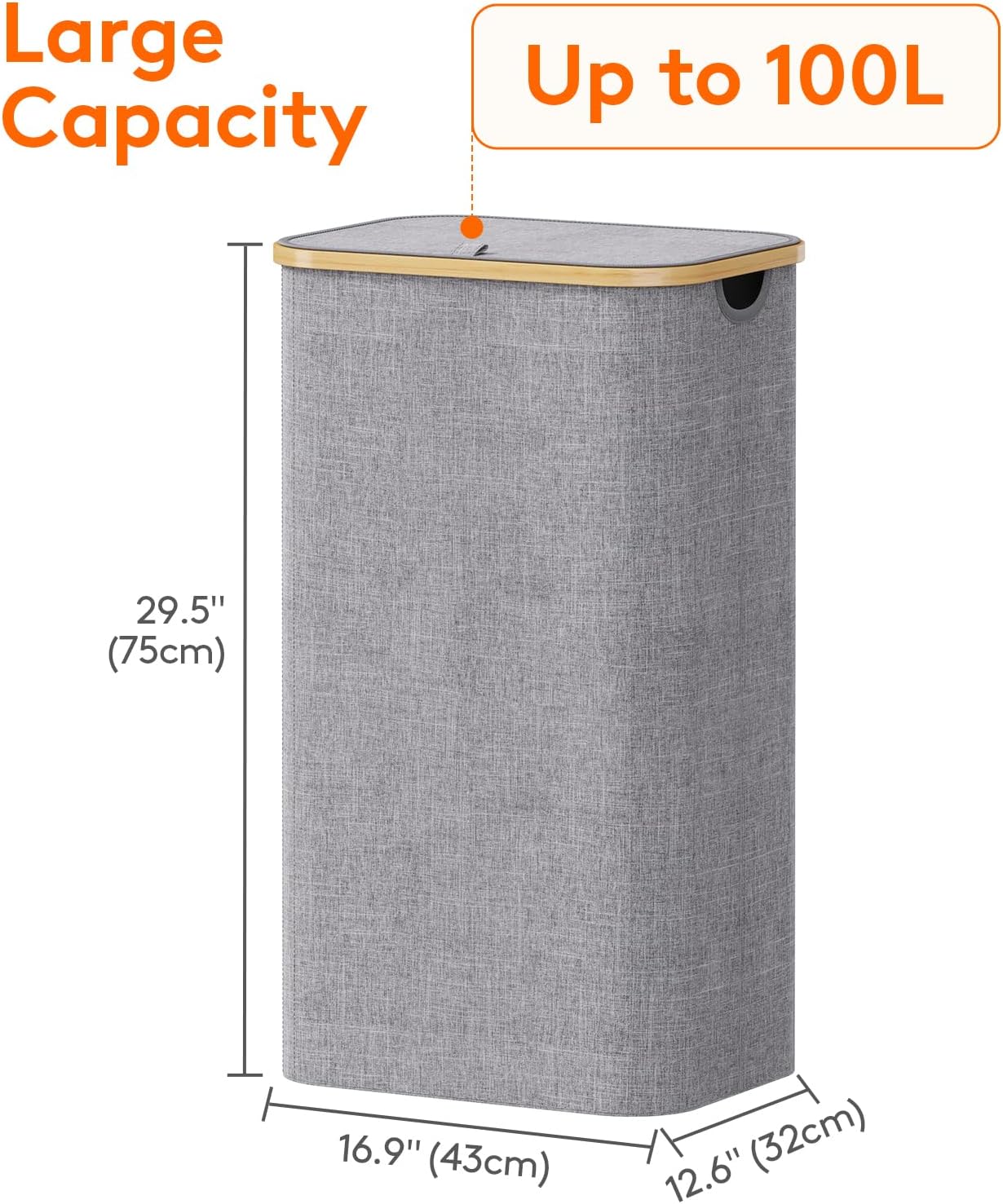 Lifewit 100L Laundry Basket with Lid, Clothes Hampers for Laundry with Bamboo Handles and A Removable Laundry Bag, Large Foldable Hamper for Bedroom, Bathroom, Dorm, Laundry Room, Light Gray
