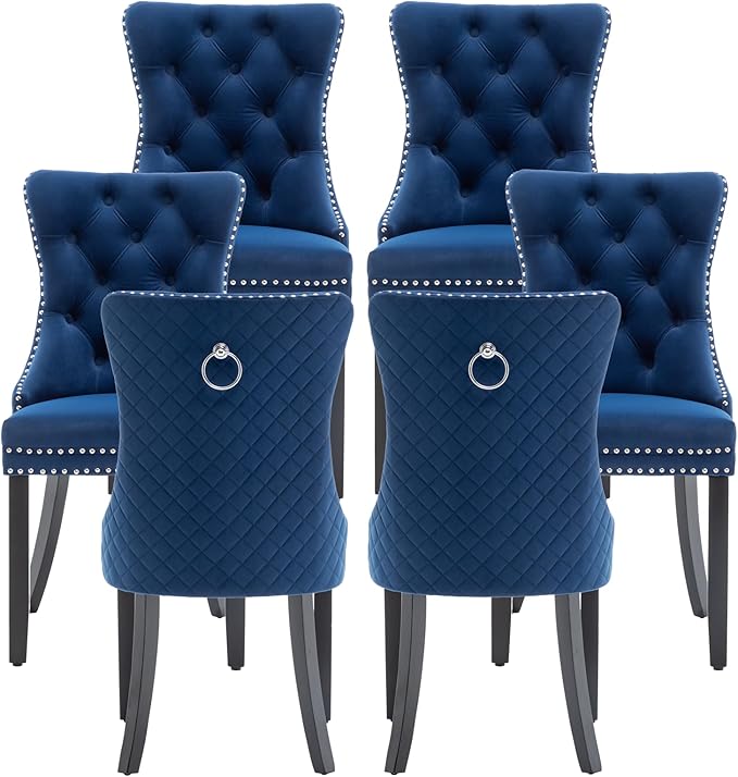 Velvet Dining Chairs Set of 6, Upholstered Dining Room Chairs with Nailhead Trim, Sillas de Comedor Modernas 6, Wooden Kitchen Chairs for Dining Room, Living Room, Kitchen, Bedroom, Blue