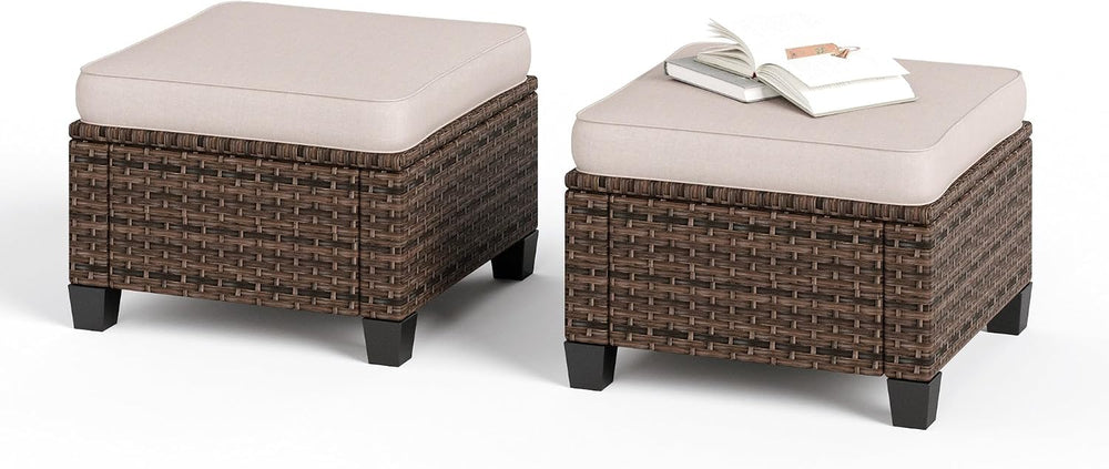 SUNSHINE VALLEY Outdoor Patio Ottomans,2 Pieces All Weather Wicker Ottomans w...