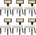 Upholstered Rattan Dining Chairs Set of 6, Mid-Century Modern Fabric Dining Room Chairs with Black Hardwood Frame, Curved Backrest Kitchen Armless Accent Chairs for Living Room (Cream)