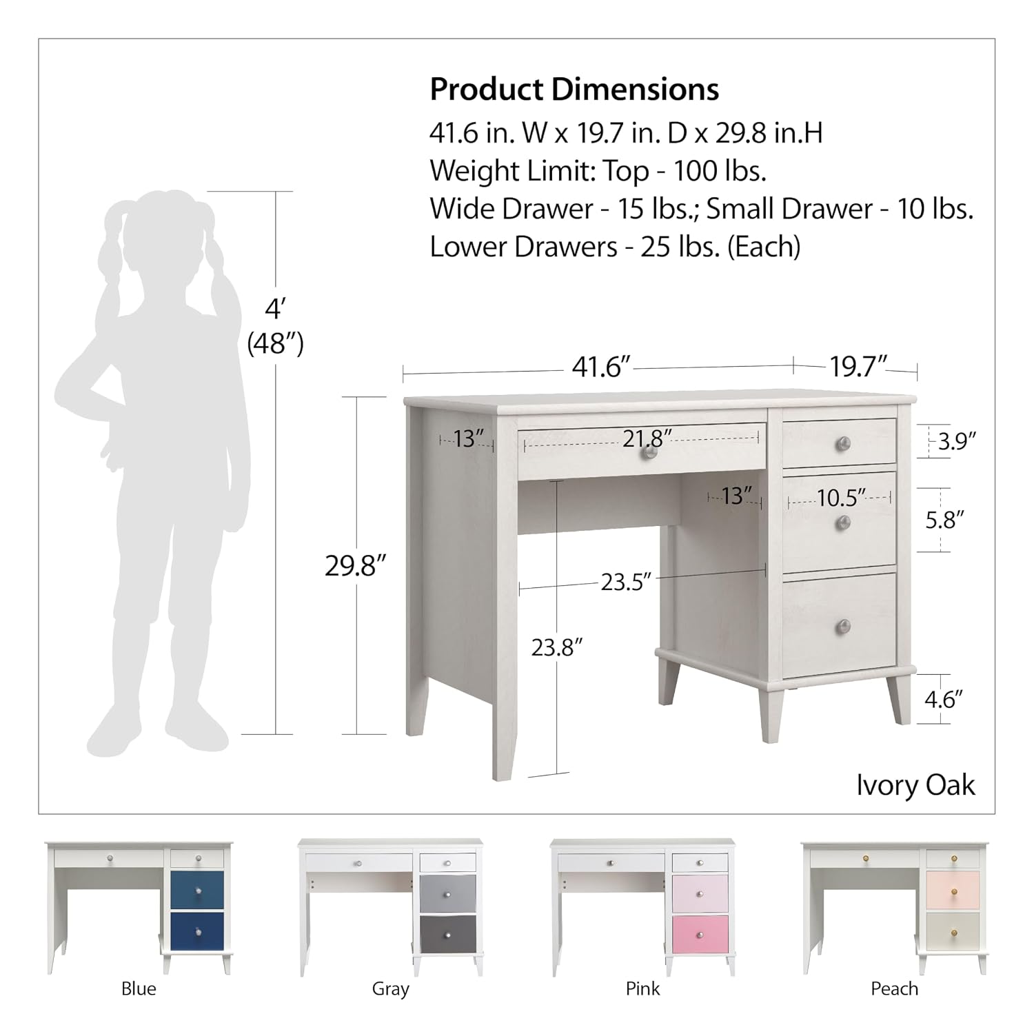 Little Seeds Monarch Hill Poppy Kids’ White Desk, Grey Drawers
