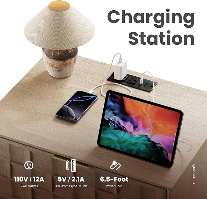 COLAMY Night Stand Set of 2, Nightstand with Charging Station, 22" Modern Bed Side Table with 2 Storage Drawers and Chessboard Relieffor Bedroom, Dorm and Small Spaces - Oak