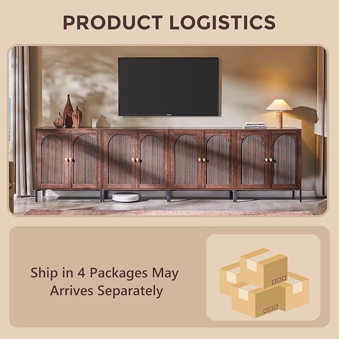 Modern TV Stands for 85 Inch TVs, 123.5‬"W Wood Entertainment Center w/Adjustable Shelves, Mid Century Modern TV Stand w/Arched Fluted Doors, Media Console Cabinet for Living Room, Brown