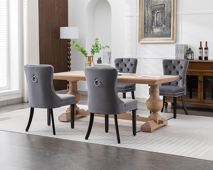 KCC Velvet Dining Chairs Set of 2, Upholstered High-end Tufted Dining Room Chair with Nailhead Back Ring Pull Trim Solid Wood Legs, Nikki Collection Modern Style for Kitchen, Grey