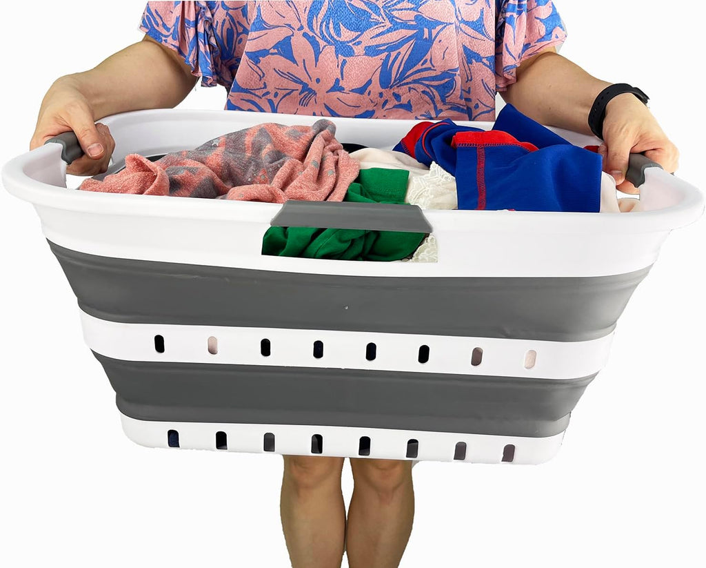 SAMMART Collapsible Plastic Rectangular Laundry Basket - Foldable Pop Up Storage Container/Organizer - Portable Laundry Hamper - Space Saving (White/Steel Grey, 42L)